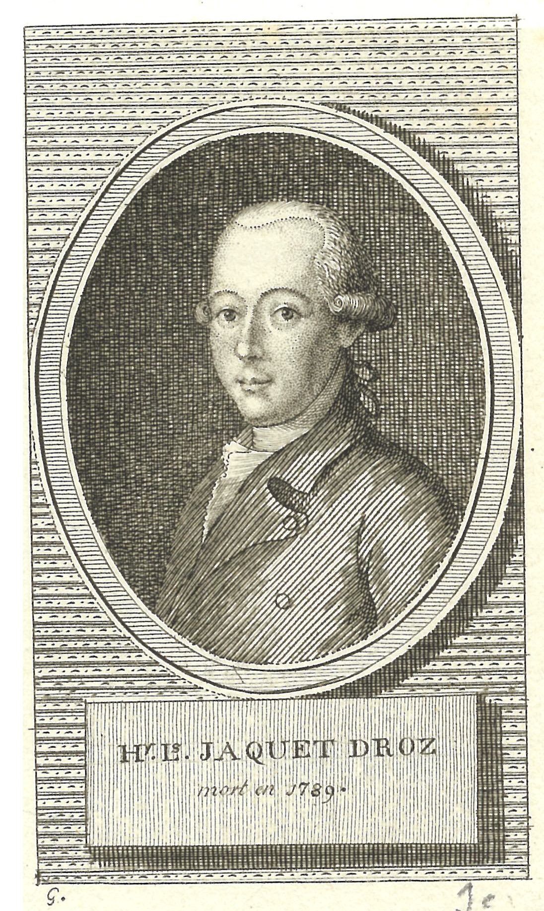 An engraved portrait of Henri-Louis Jaquet-Droz in a coat and cravat.