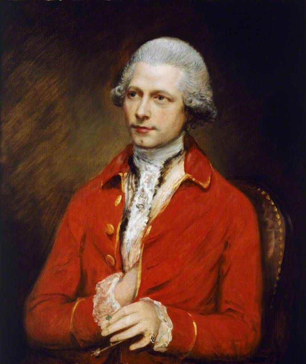 A portrait of John Joseph Merlin in a red coat, holding a small balance.