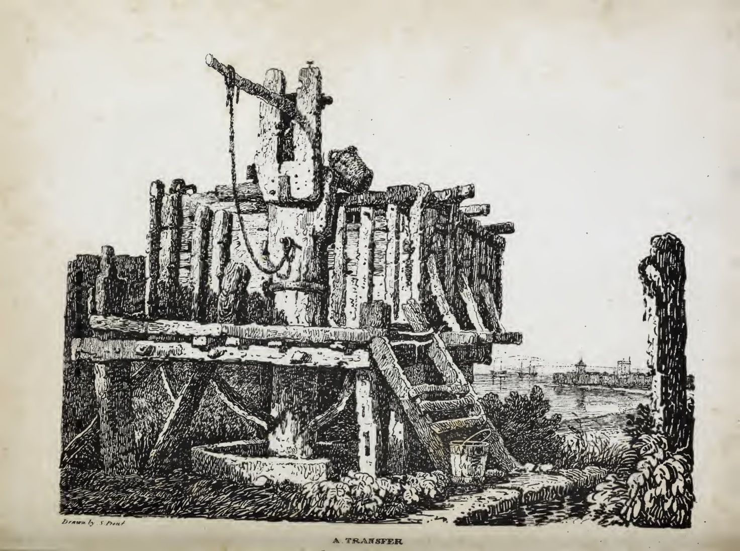 A pen-style lithograph of a timber riverside structure with ropes, posts and a distant skyline