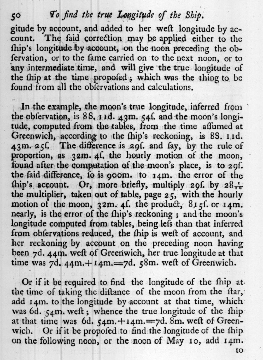 A passage in Maskelyne’s printed guide adding fourteen minutes to the ship’s dead-reckoned longitude