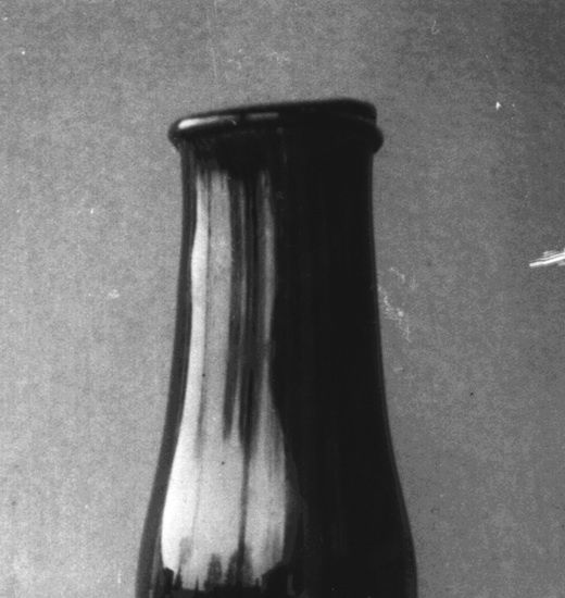 The lip and neck of a dark glass preserving bottle