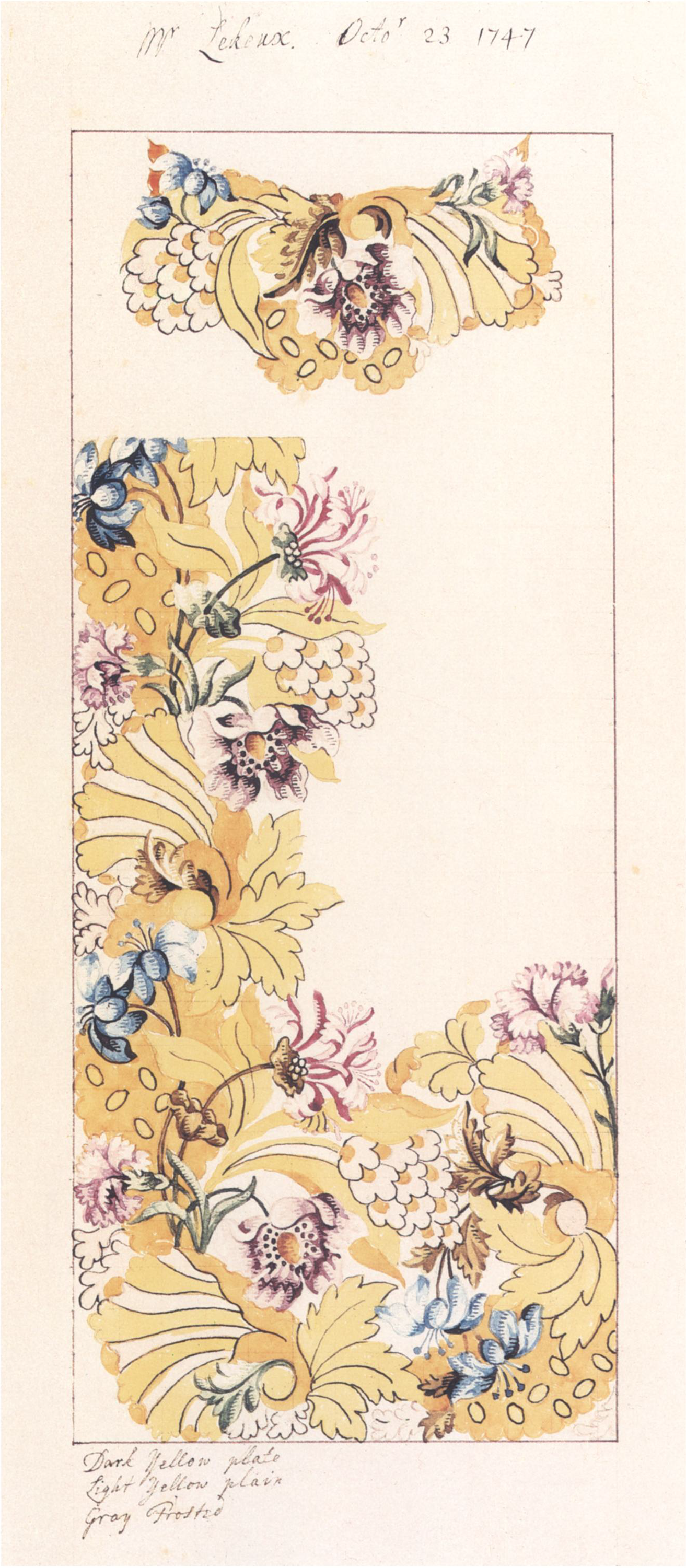 A long watercolour design with flowers and yellow scrolls along one edge and across the bottom, with Mr Lekeux and the date written above and a three-line key beneath