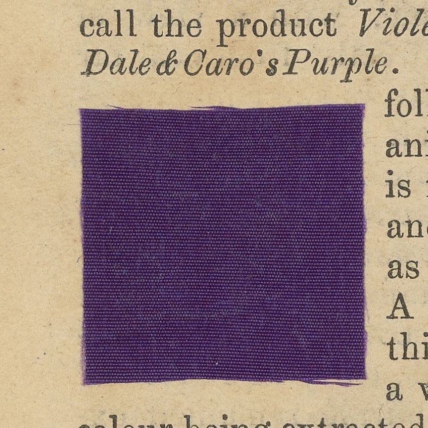 A square purple textile specimen attached below the printed label Dale and Caro’s Purple