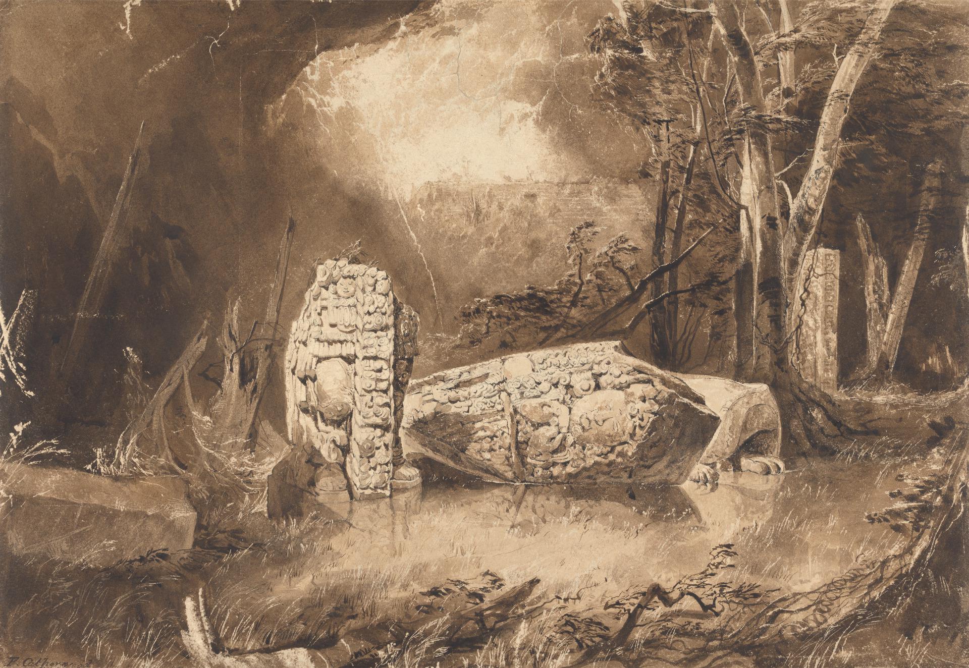 Catherwood's watercolour of a broken carved Maya monument lying beside its standing lower portion