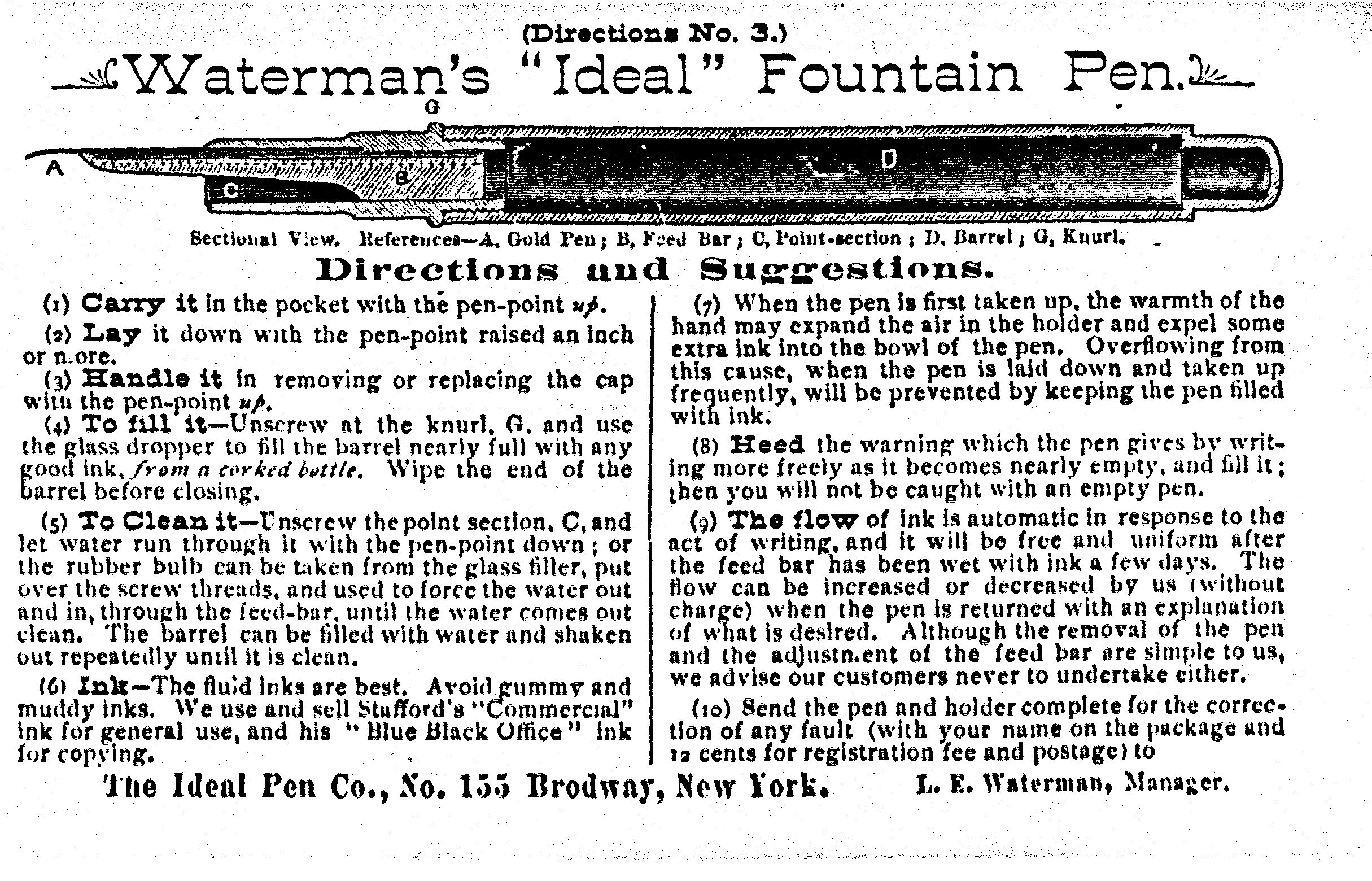 Waterman’s 1885 Directions and Suggestions, with a sectional drawing above ten numbered instructions