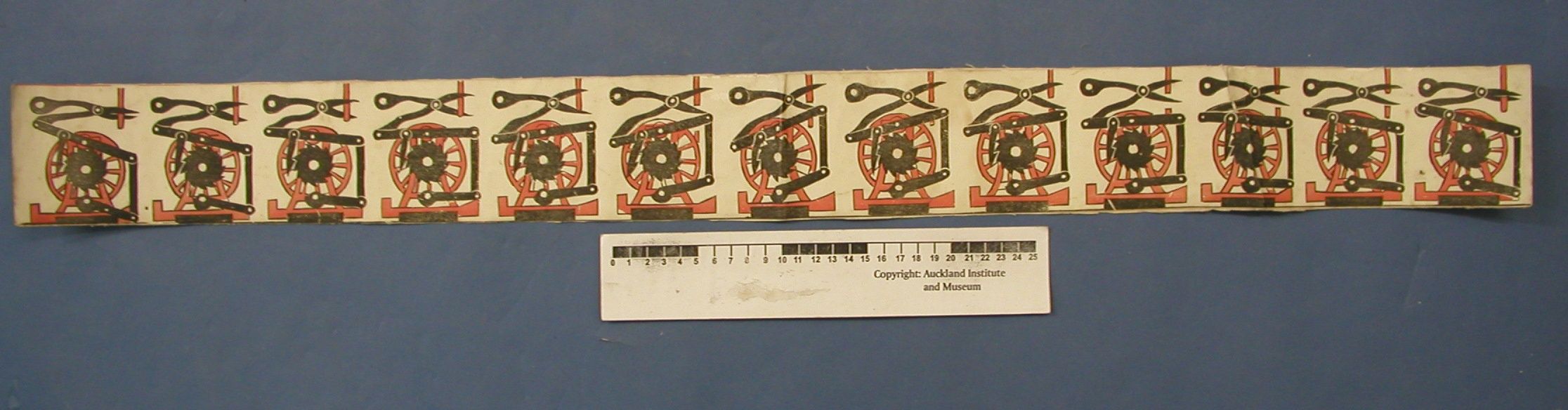 Thirteen successive drawings of a red and black machine, with a wheel, connecting rods and shears