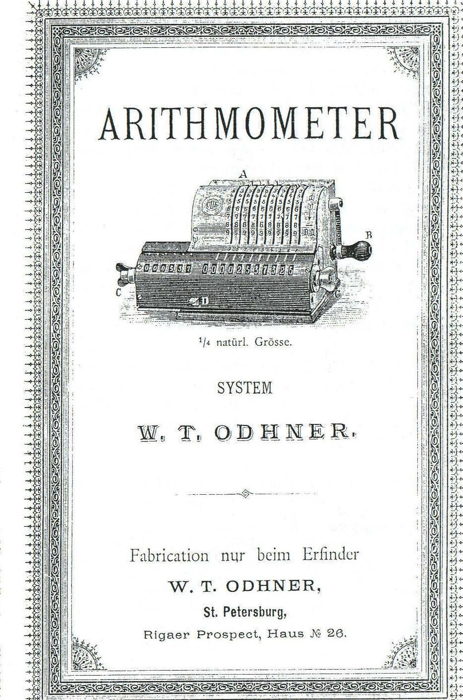 Title page of Odhner’s 1890 booklet, with an engraving of the complete calculator and the maker’s St. Petersburg address