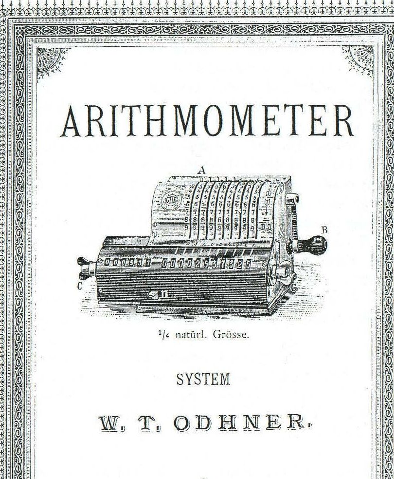 Title page of Odhner’s 1890 booklet, with an engraving of the complete calculator and the maker’s St. Petersburg address