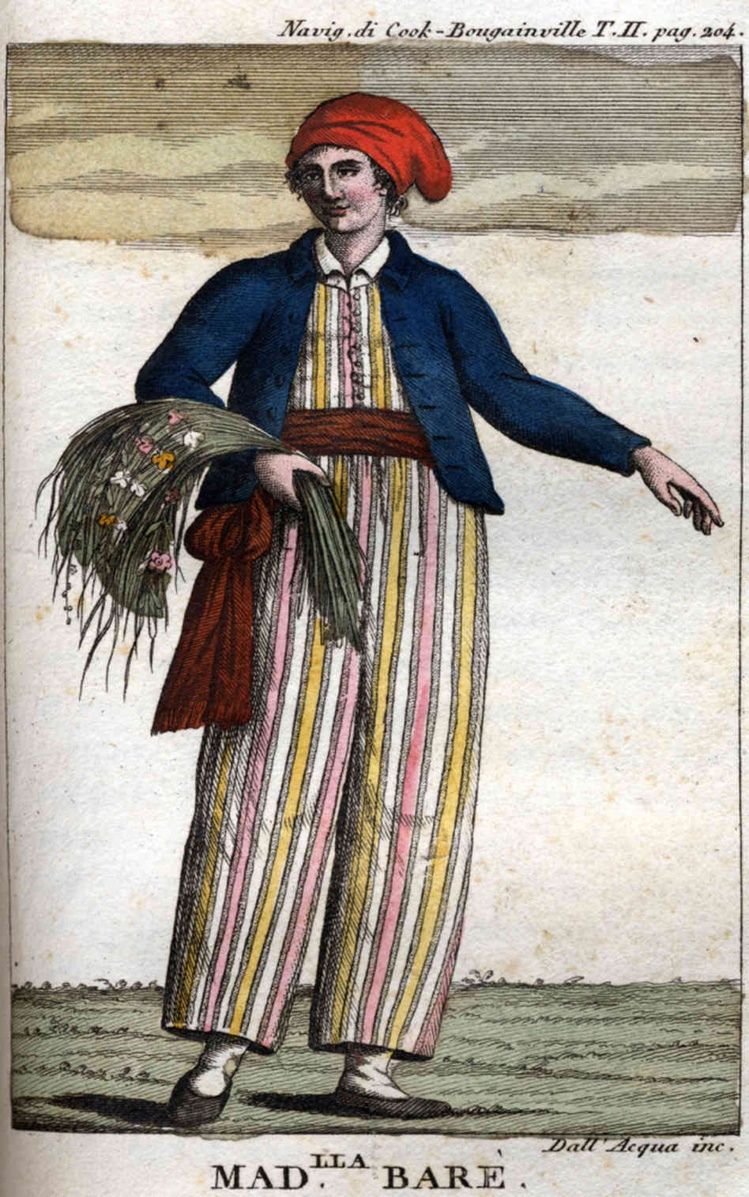 A hand-coloured engraving depicting Baret in a red cap, blue jacket and striped trousers, carrying a bundle of plants