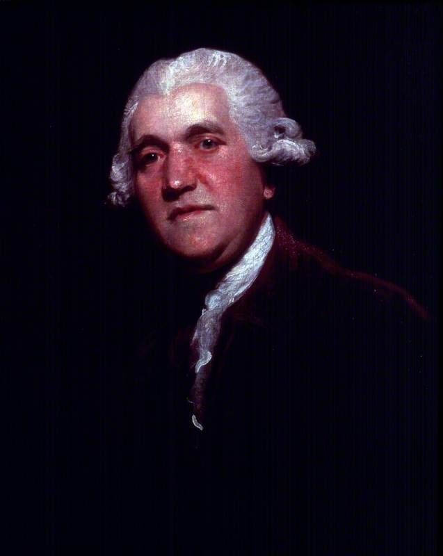 Josiah Wedgwood in a powdered wig and dark coat, painted by Joshua Reynolds