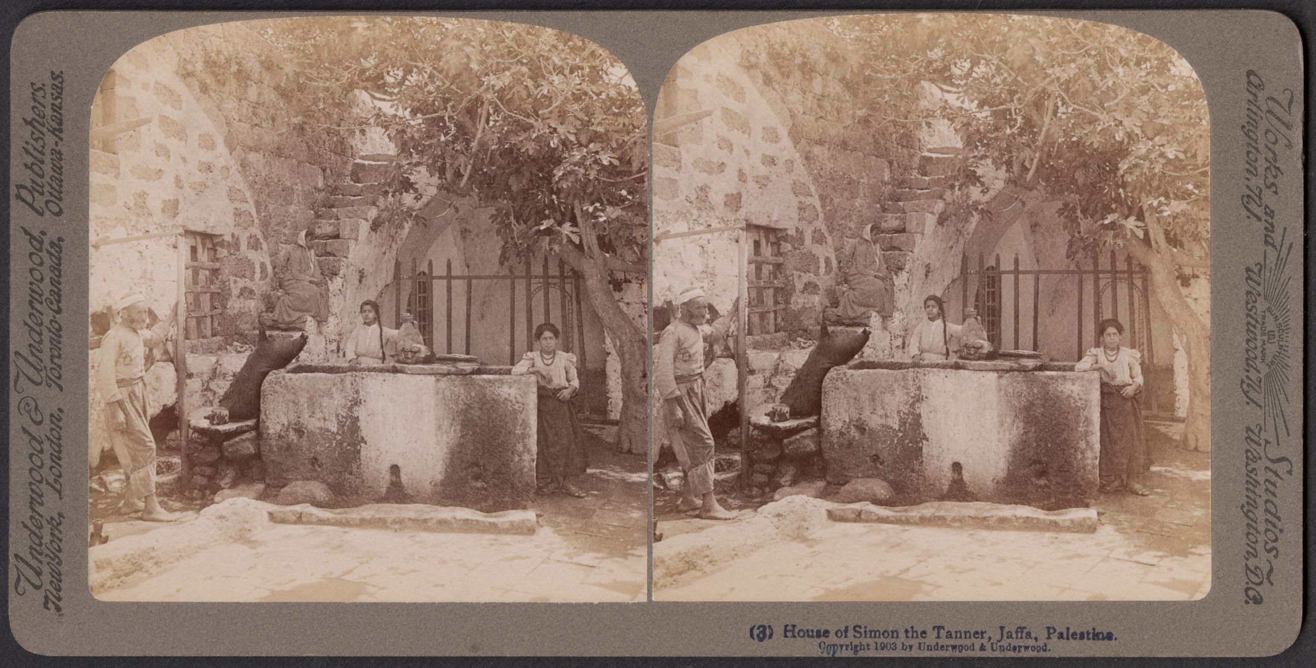 Two views of people gathered around a well in a Jaffa courtyard, with stairs rising behind them