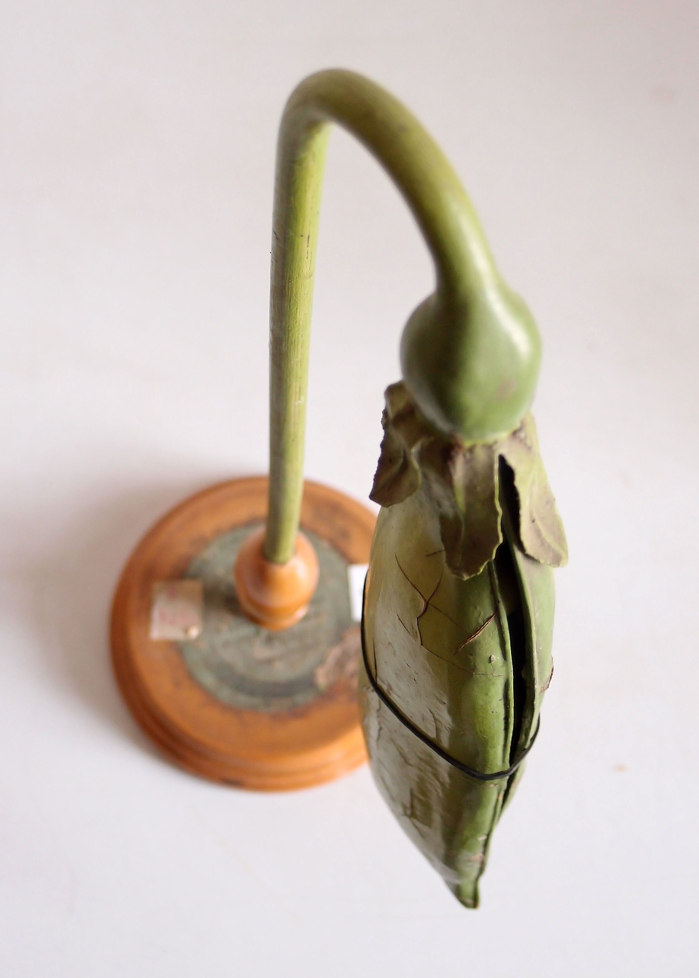 A closed green pea-pod model hanging from a curved stalk above a wooden stand.