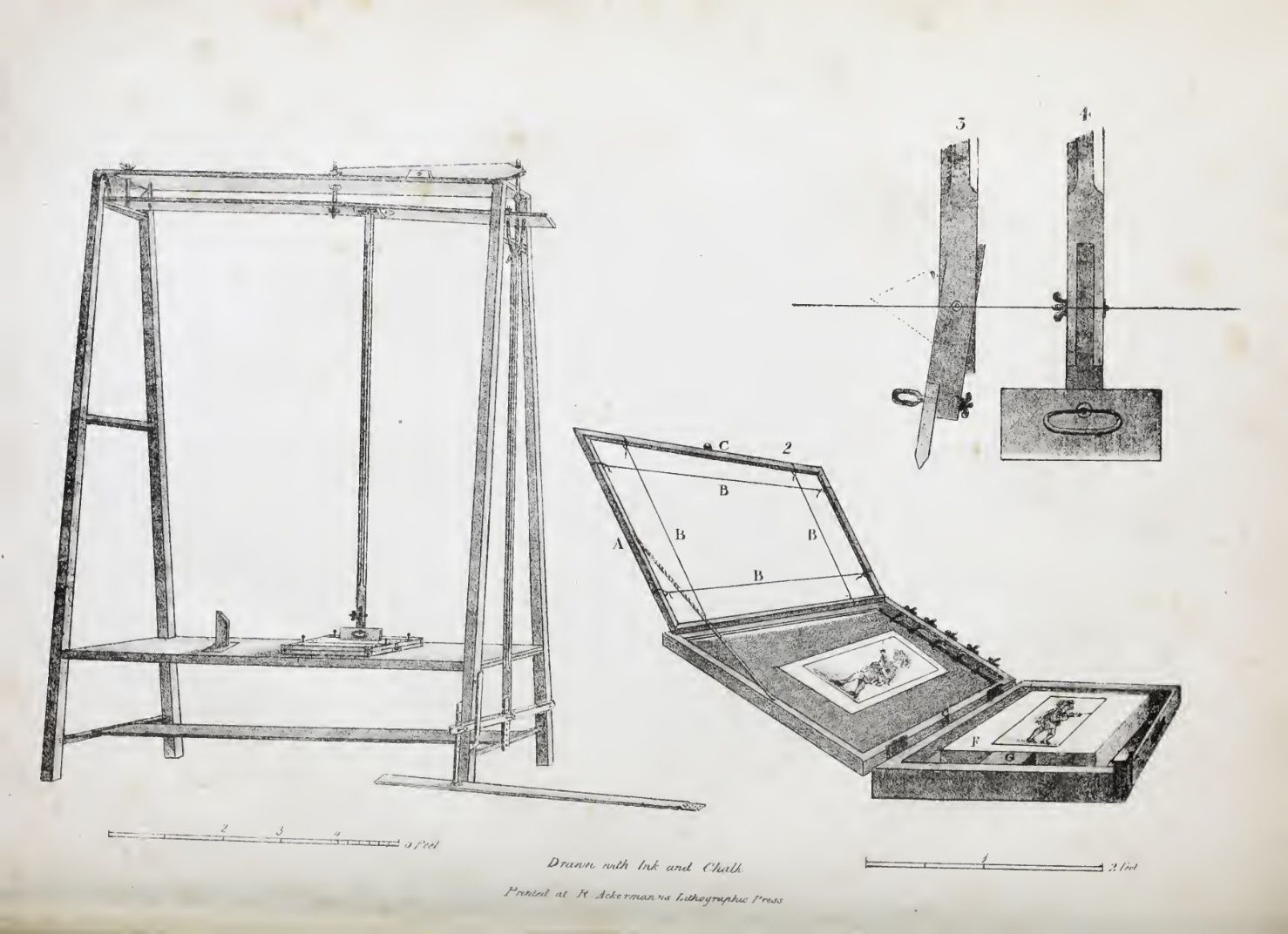 An upright lithographic lever press, its hinged printing frame, the stone and paper-holding strings