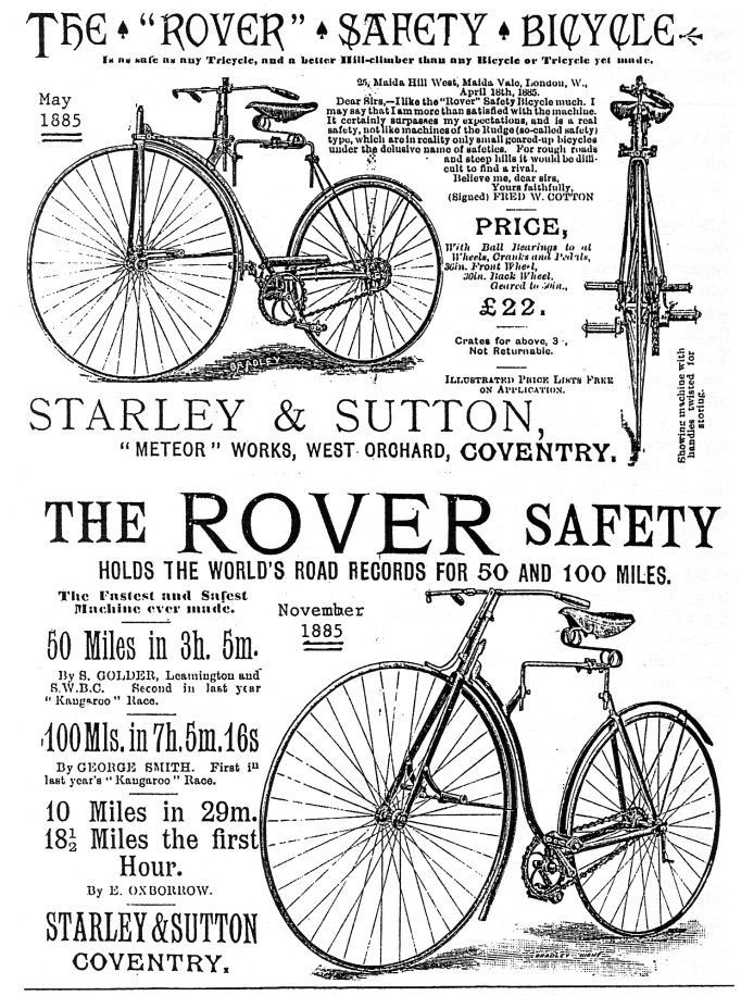 Two Rover advertisements labelled May and November 1885, showing a change in steering
