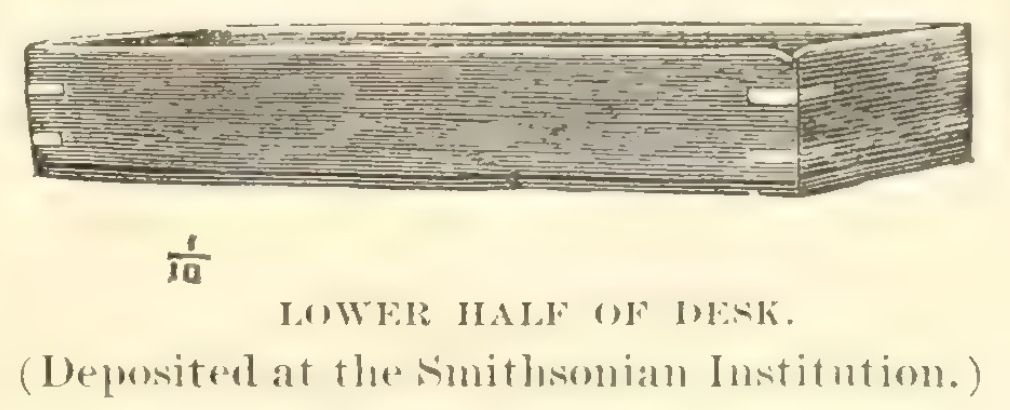 An illustration of the lower half of a shallow wooden writing desk