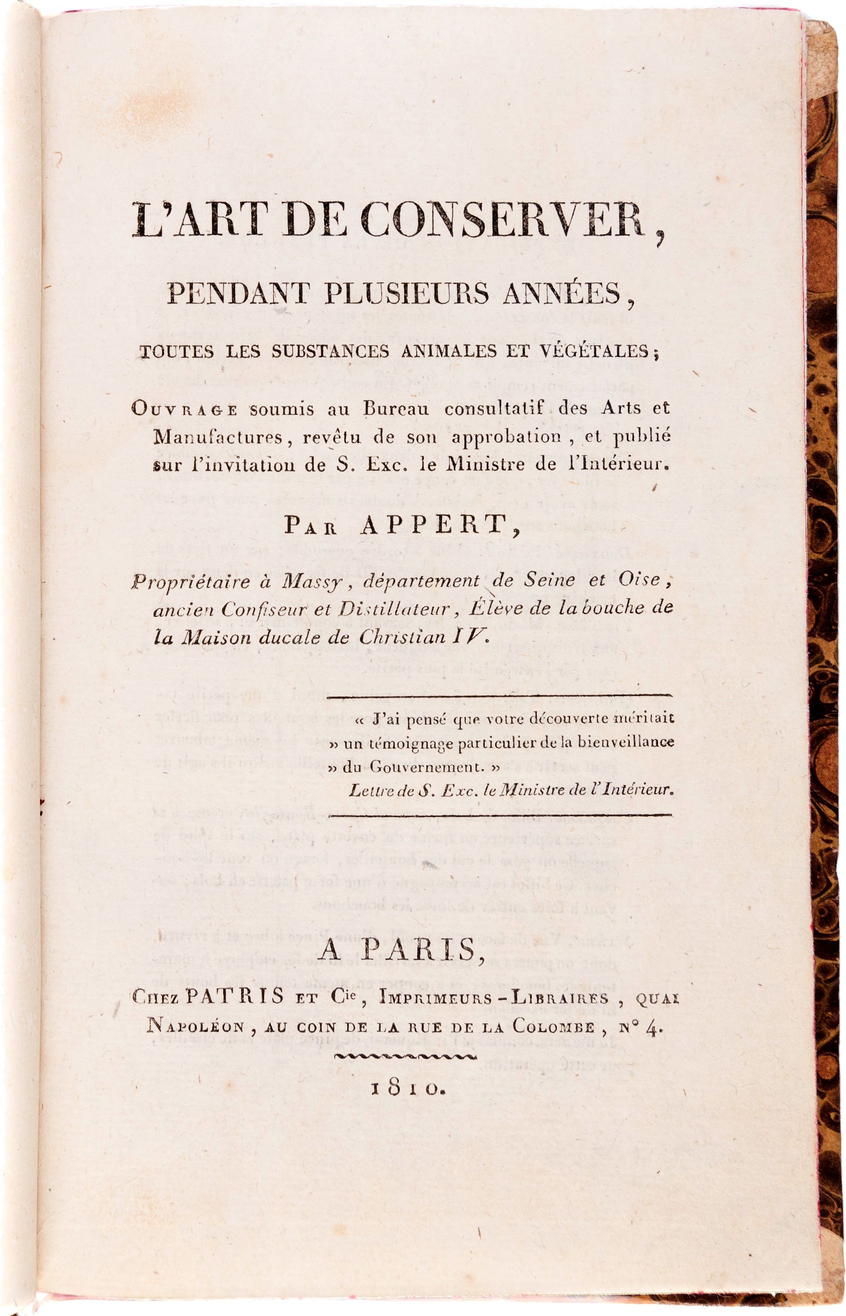 The title page of Appert’s 1810 book on preserving animal and vegetable substances