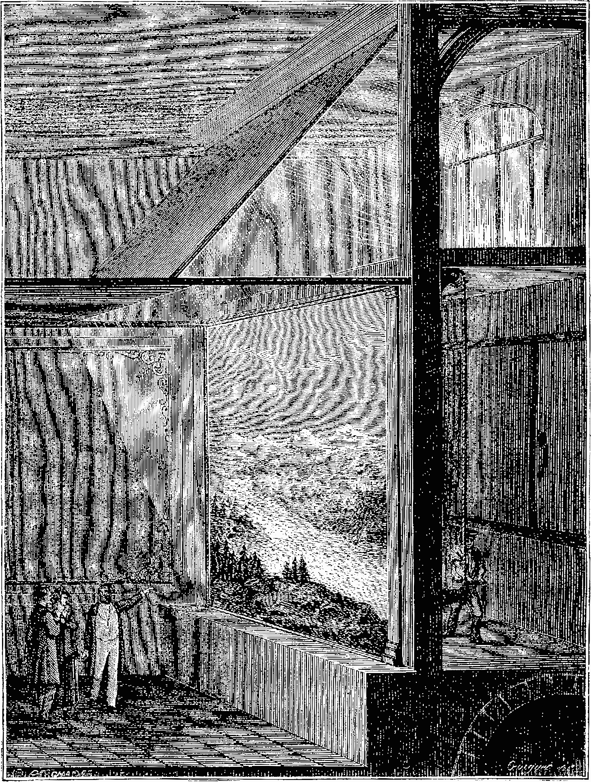 A nineteenth-century engraving depicts workers beside a large painted landscape and above it among screens and lighting apparatus.