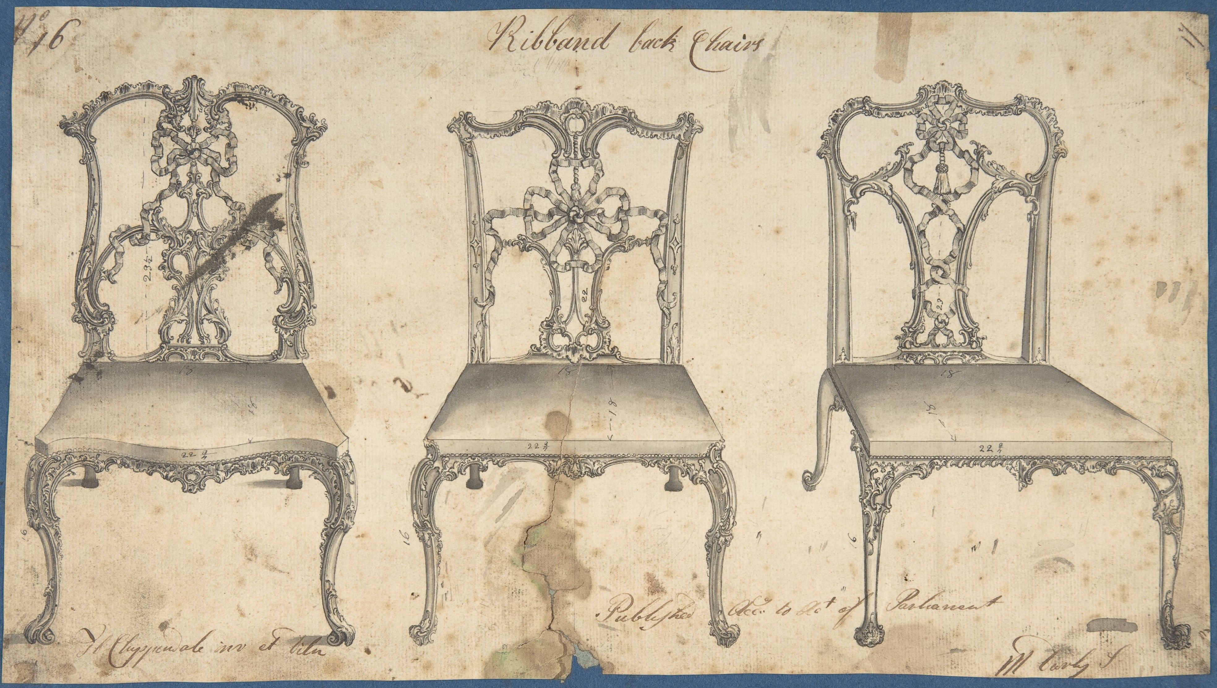 Chippendale’s ink-and-wash drawing of three ribbon-back chairs, with measurements and handwritten lettering