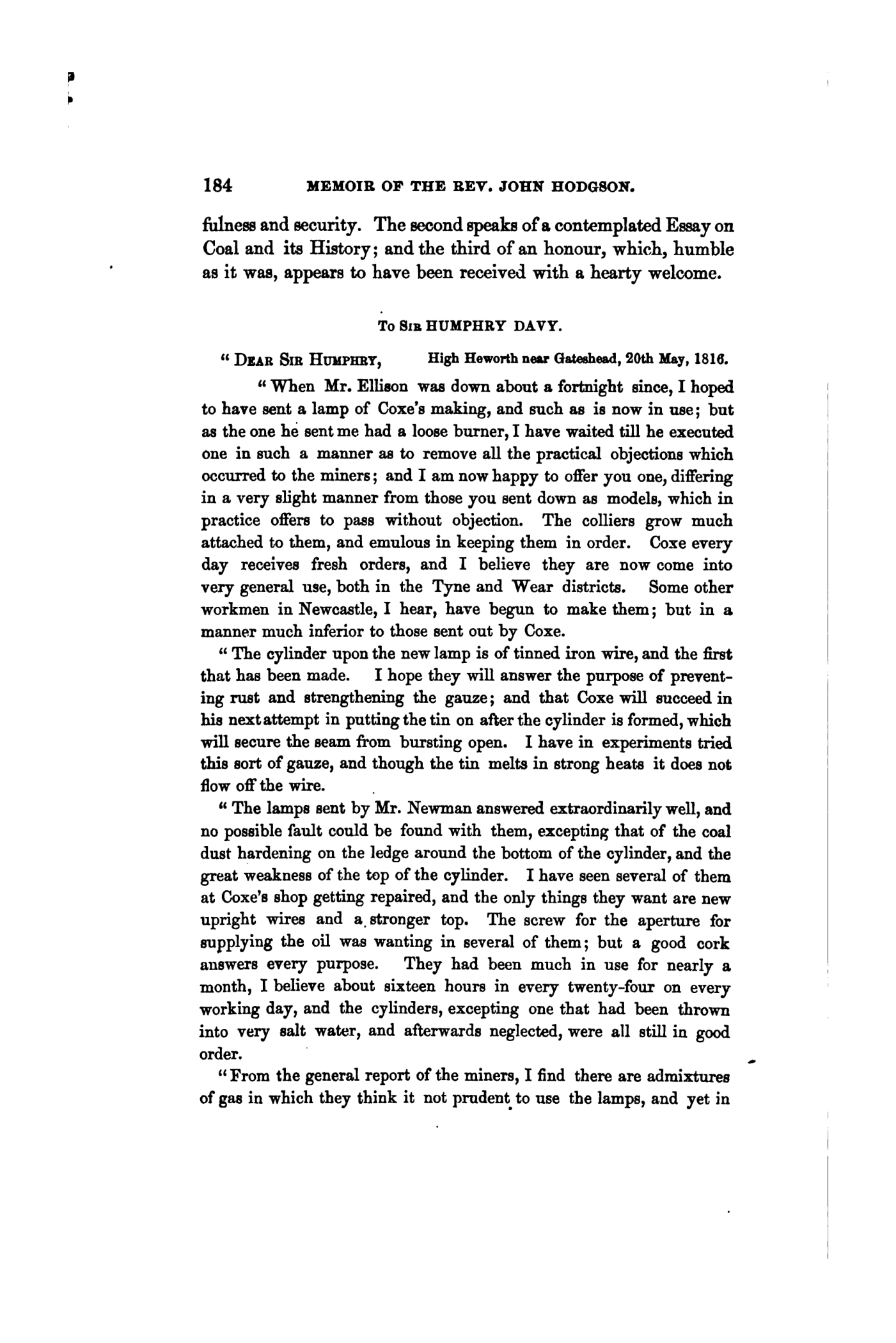 The first printed page of Hodgson's letter of 20 May 1816, describing Coxe's alterations and lamps returned for repair