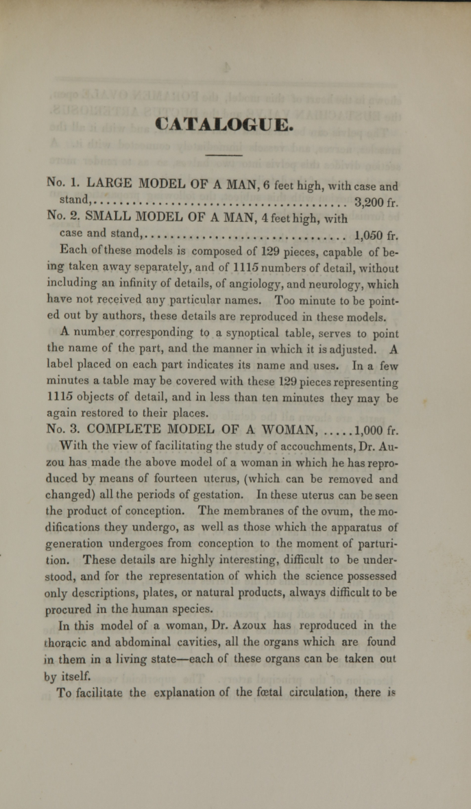 A catalogue page listing large and small anatomical men, their prices and instructions for taking them apart.