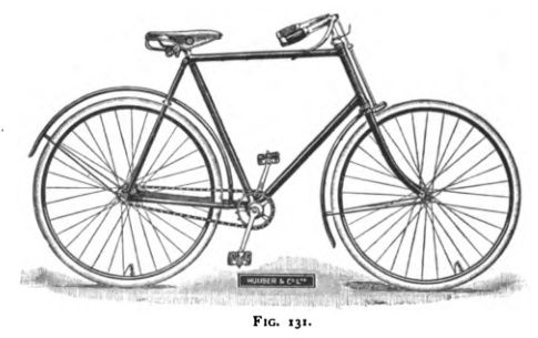 A Humber safety bicycle with straight frame tubes and two wheels of similar size