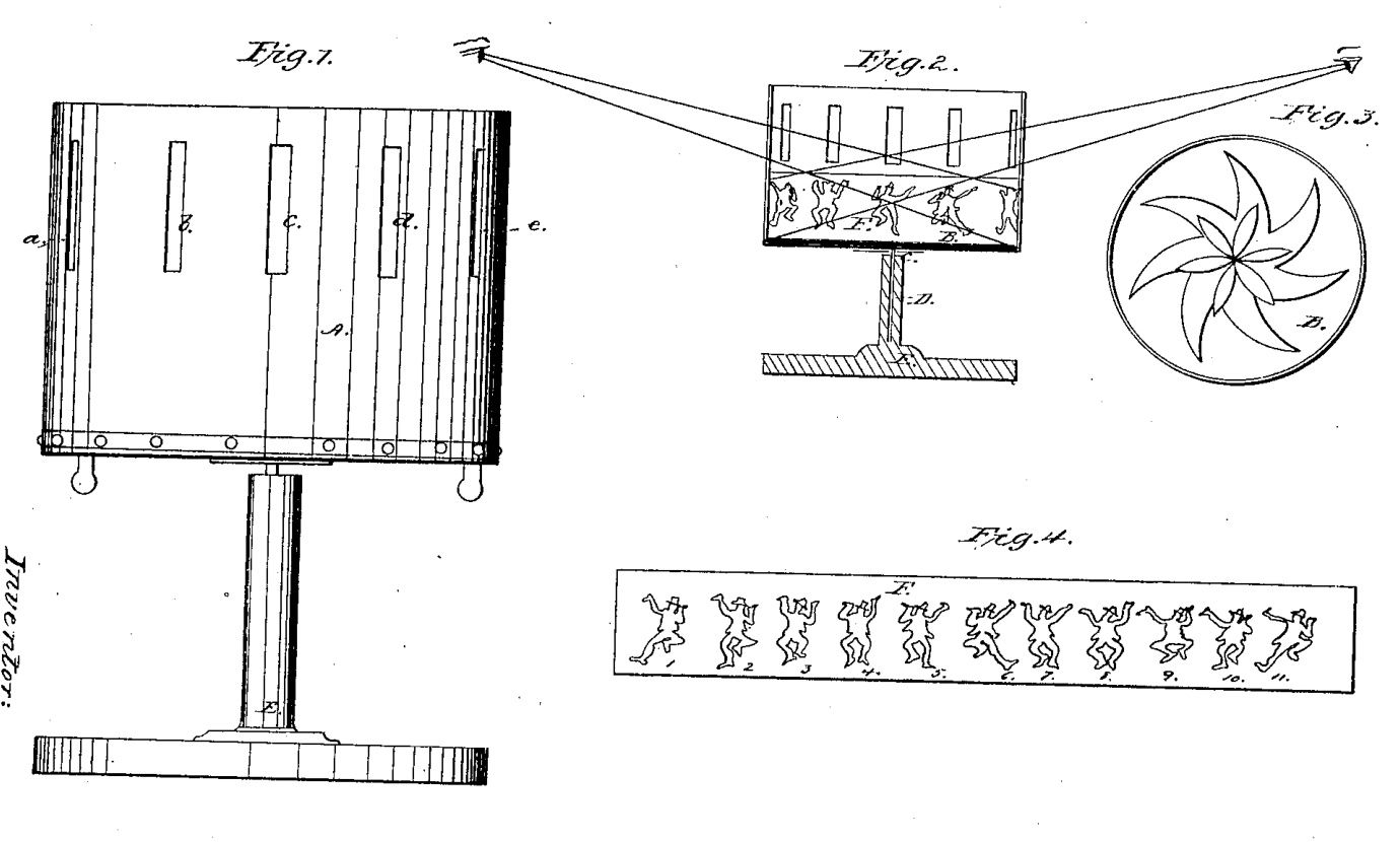 Lincoln’s patent drawings of a slotted drum, its central stand, a section through the viewer’s sight lines and a strip of dancing figures