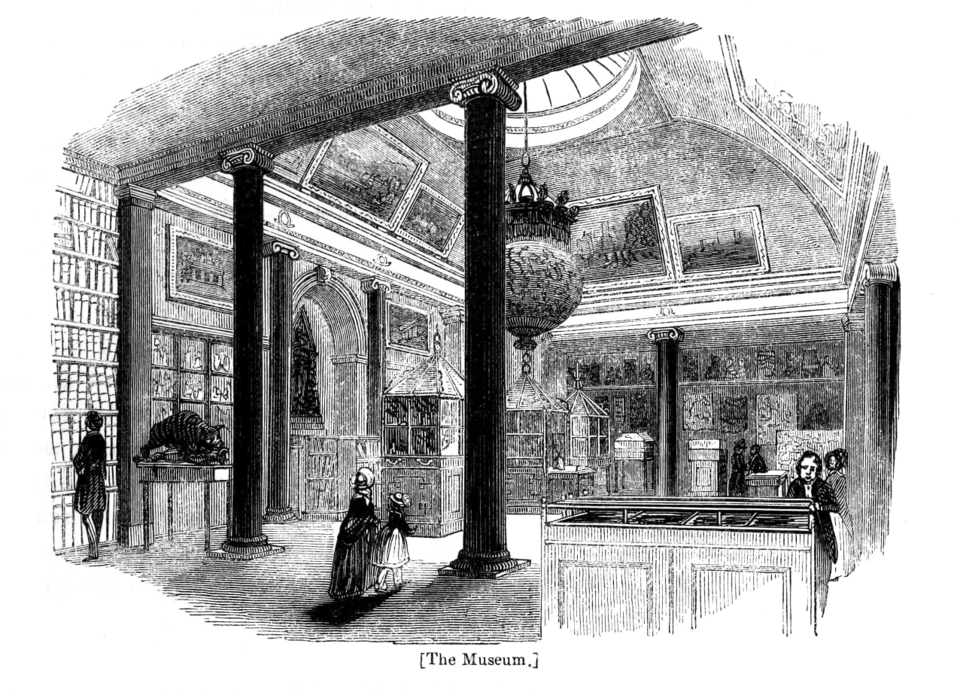 An engraved museum interior with visitors, display cases and Tipu’s Tiger at the left.