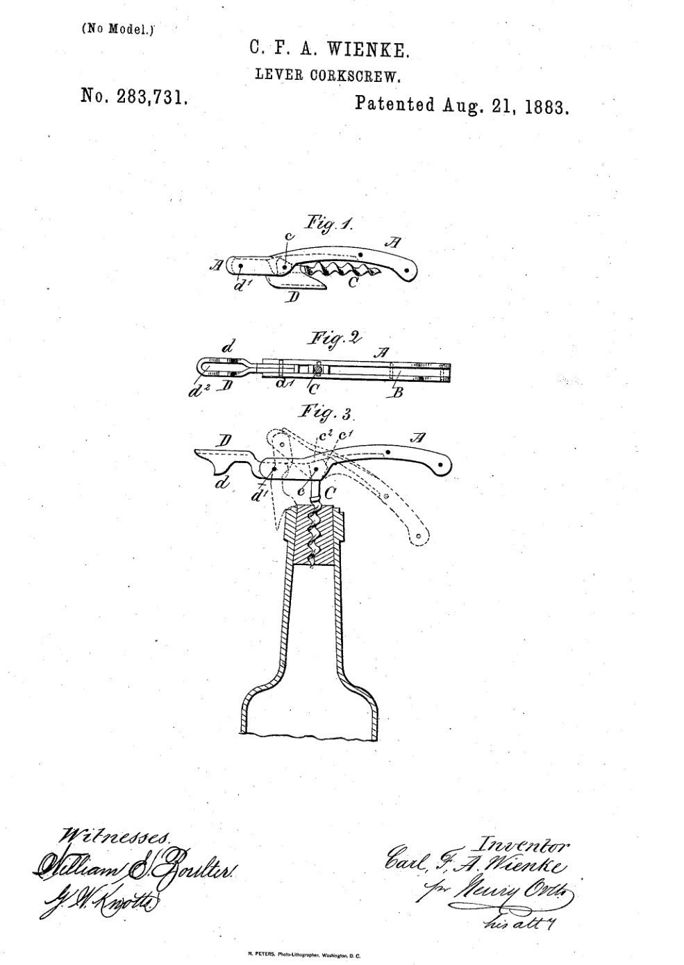 Wienke’s patent drawing of a folding lever corkscrew, including a section through a bottle neck