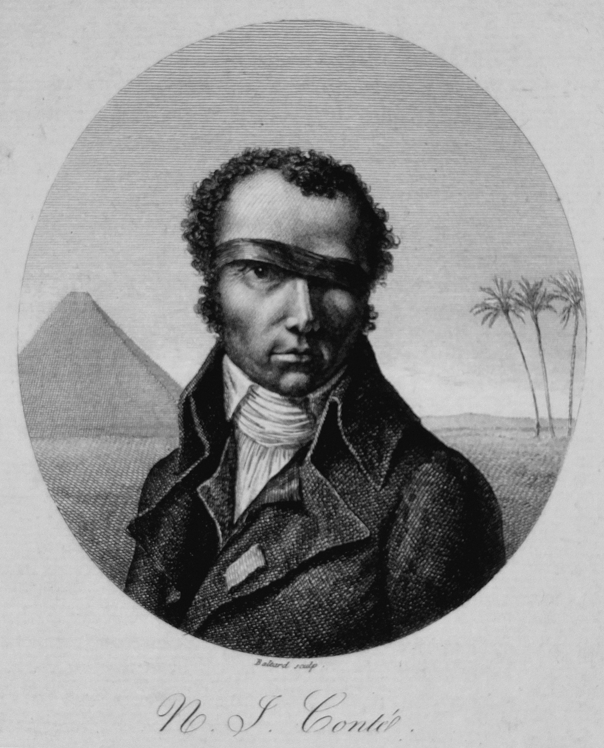 An engraved portrait of Nicolas-Jacques Conté, wearing an eye patch