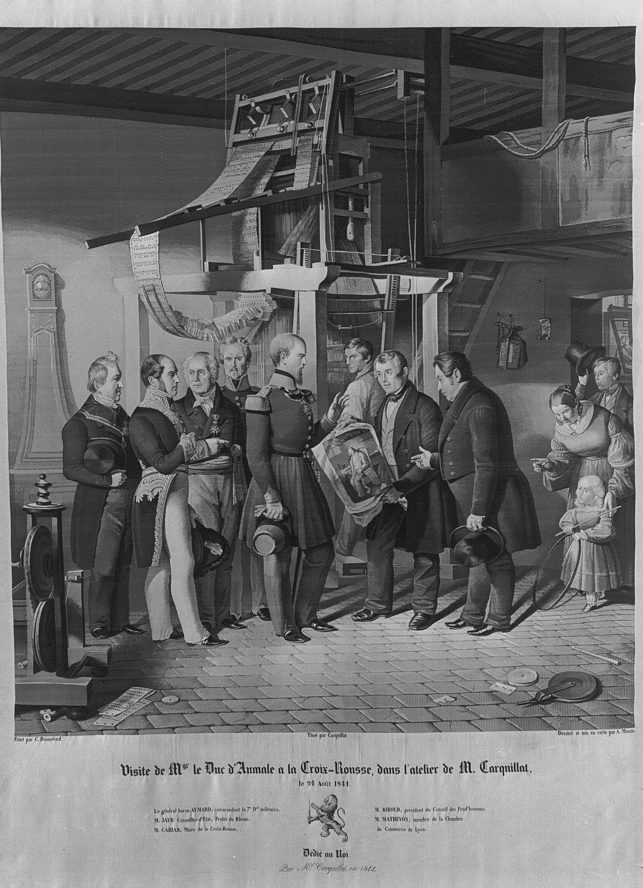In a woven workshop scene, Carquillat presents the Jacquard portrait to the duc d'Aumale beneath a large loom, with other visitors and a woman and child nearby.