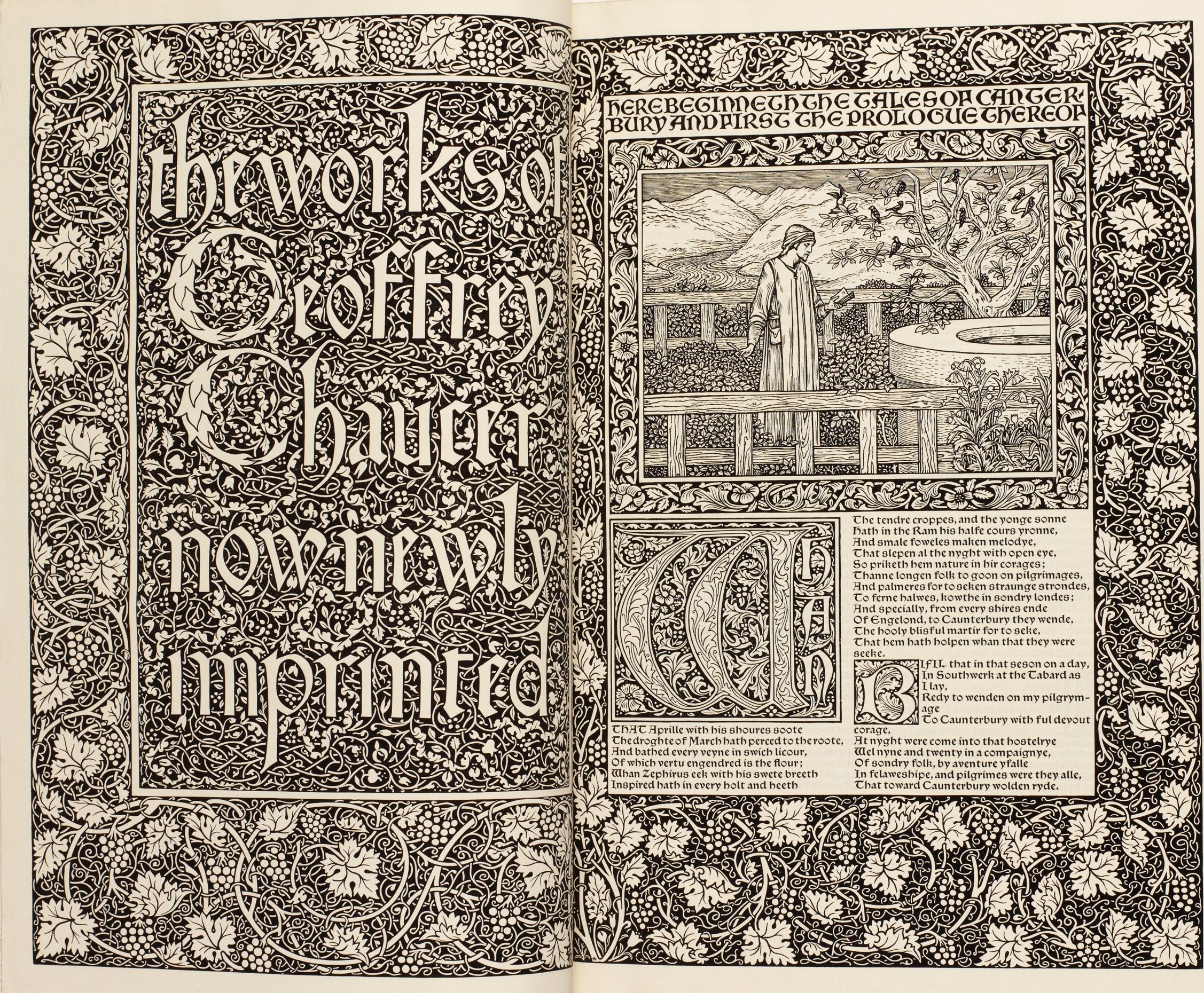 An open Kelmscott Chaucer, with an ornamental title page facing Chaucer in a garden above two columns of verse
