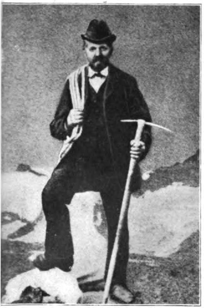 The elder Peter Taugwalder standing with rope and a long ice axe