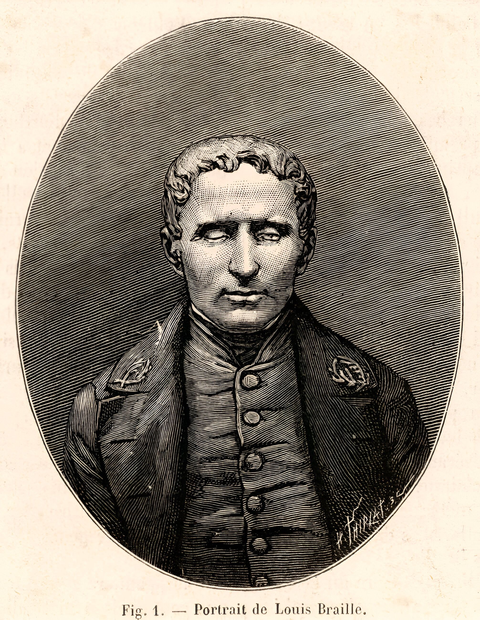 An engraved oval portrait of Louis Braille, wearing a buttoned coat