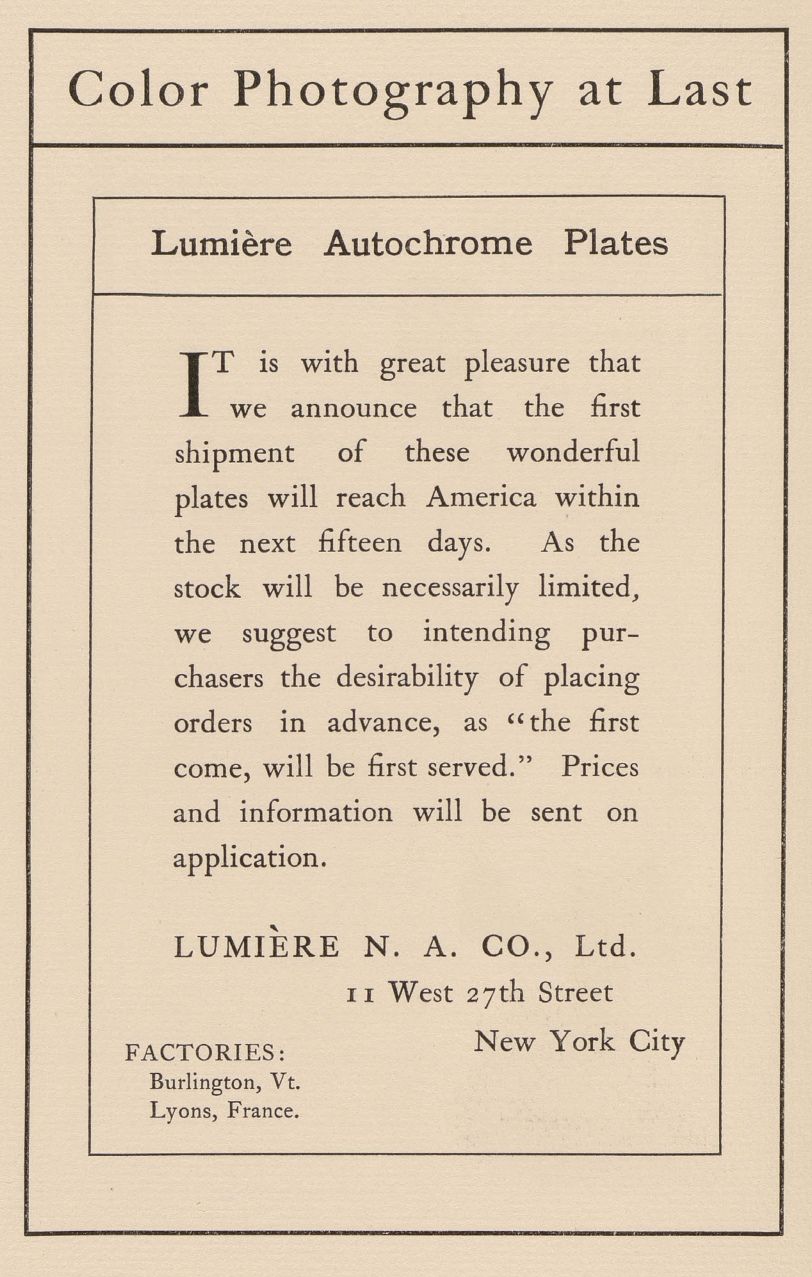 A 1907 advertisement headed Color Photography at Last announces Lumière Autochrome plates and an expected first American shipment.