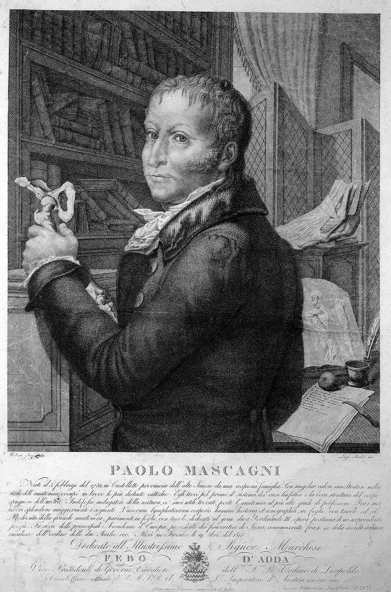 An engraved portrait of Paolo Mascagni seated beside anatomical books and drawings.