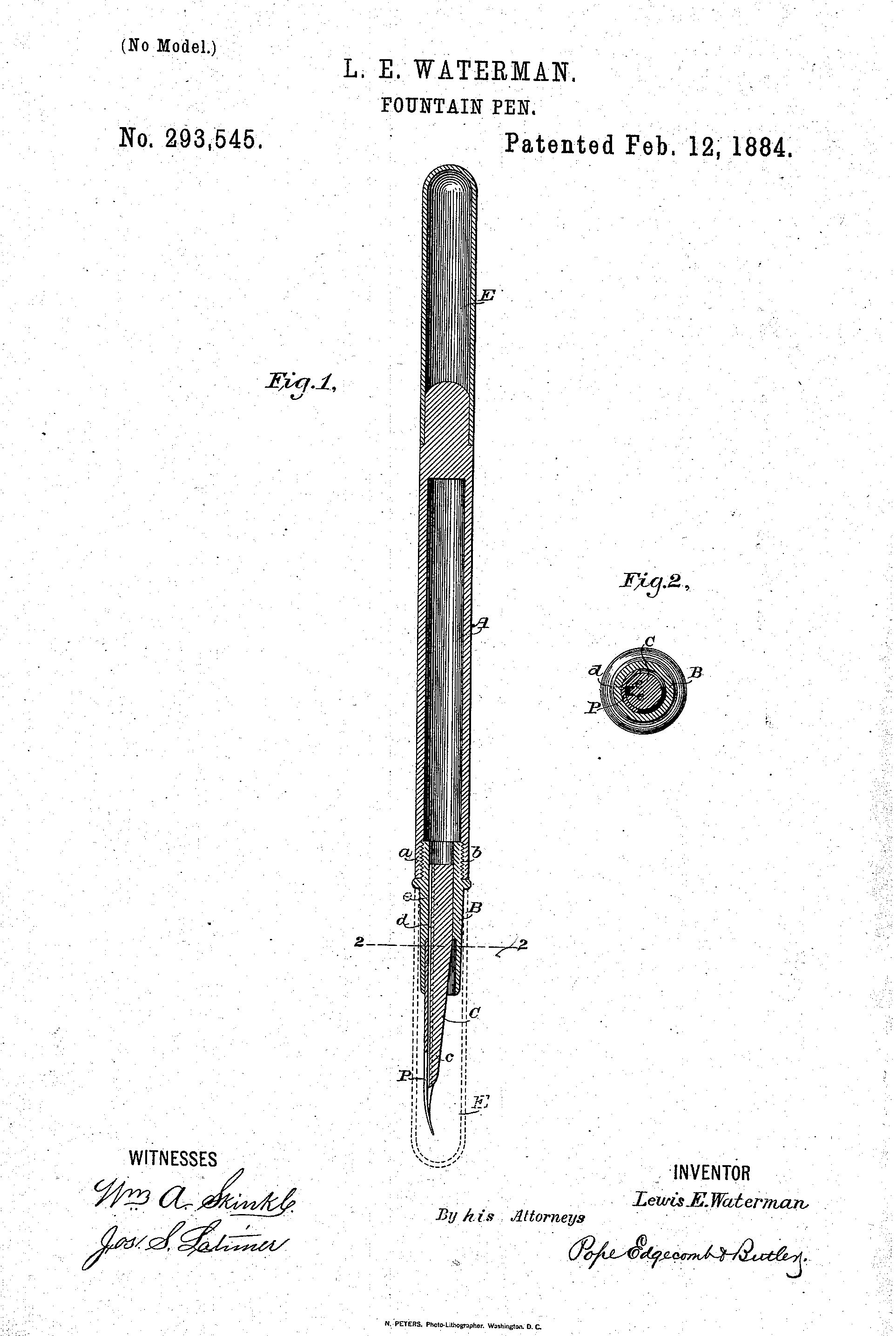 Waterman’s 1884 patent drawing, showing the reservoir, feed bar and nib in longitudinal and cross-section