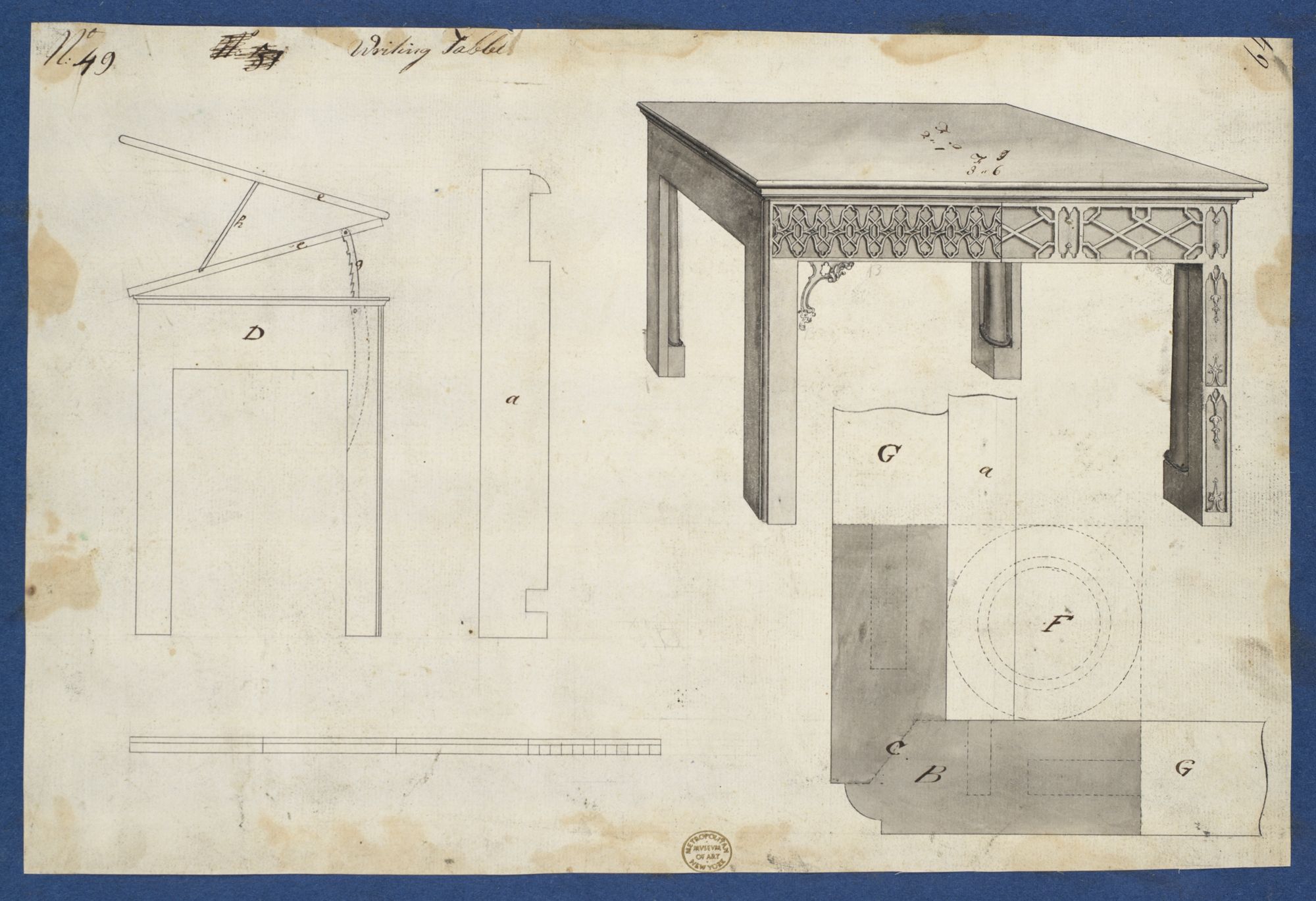 A writing-table drawing with alternative front ornaments, a diagram of the raised top, profiles and a plan of its construction