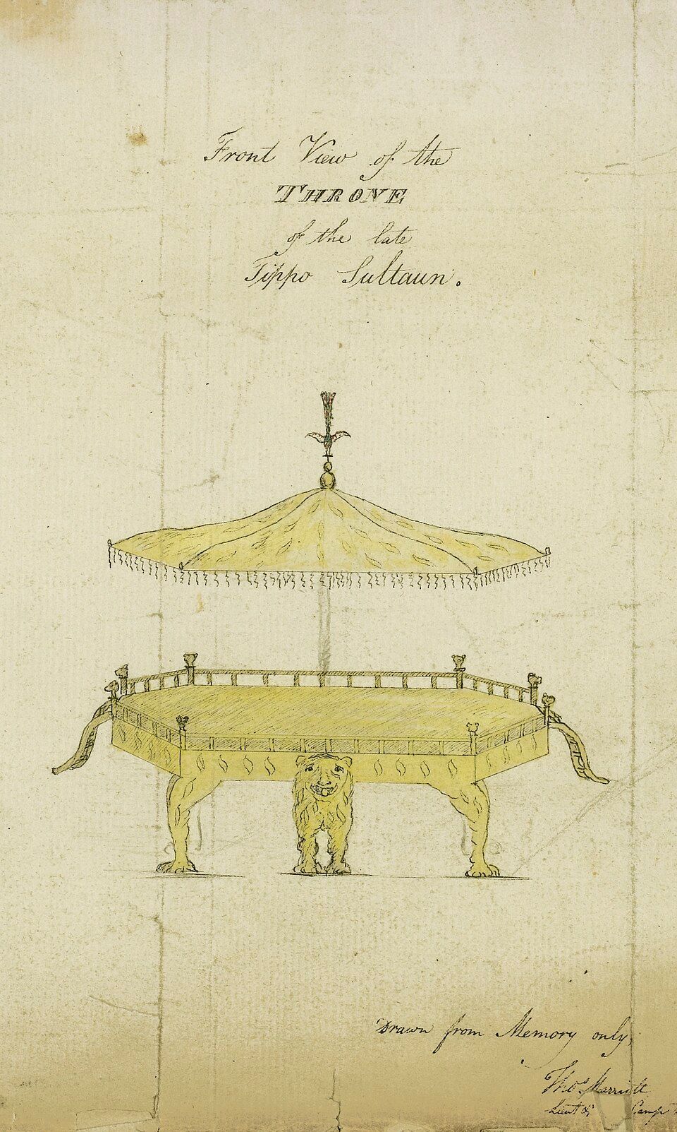 A drawing of an ornate throne with a large tiger beneath the seat and a canopy above.