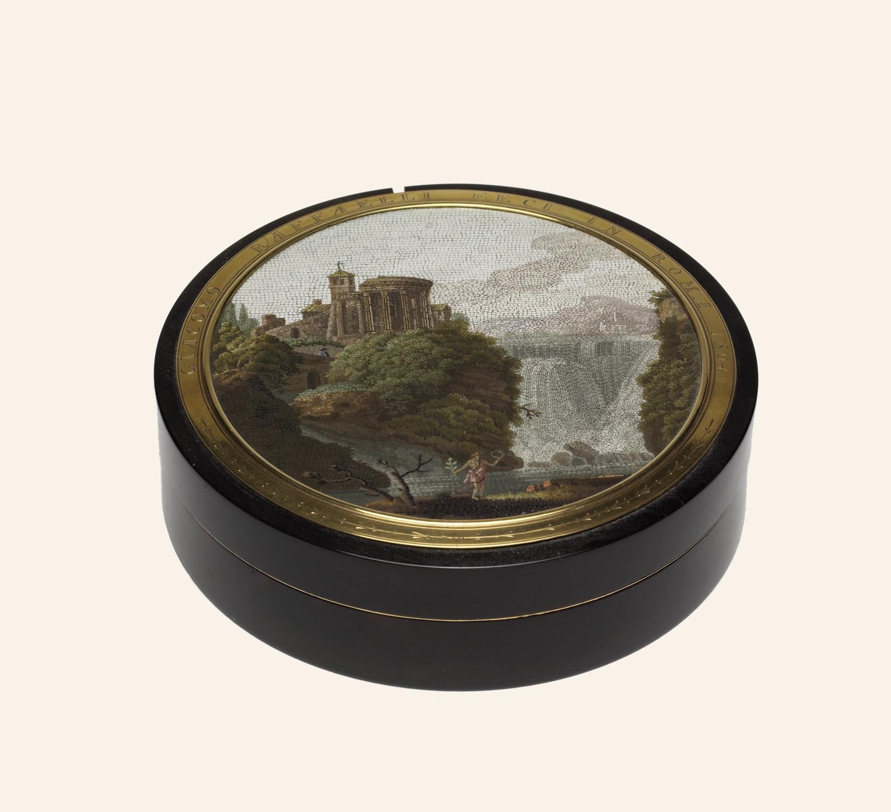 Raffaelli’s circular box with a glass mosaic landscape of Tivoli on its lid