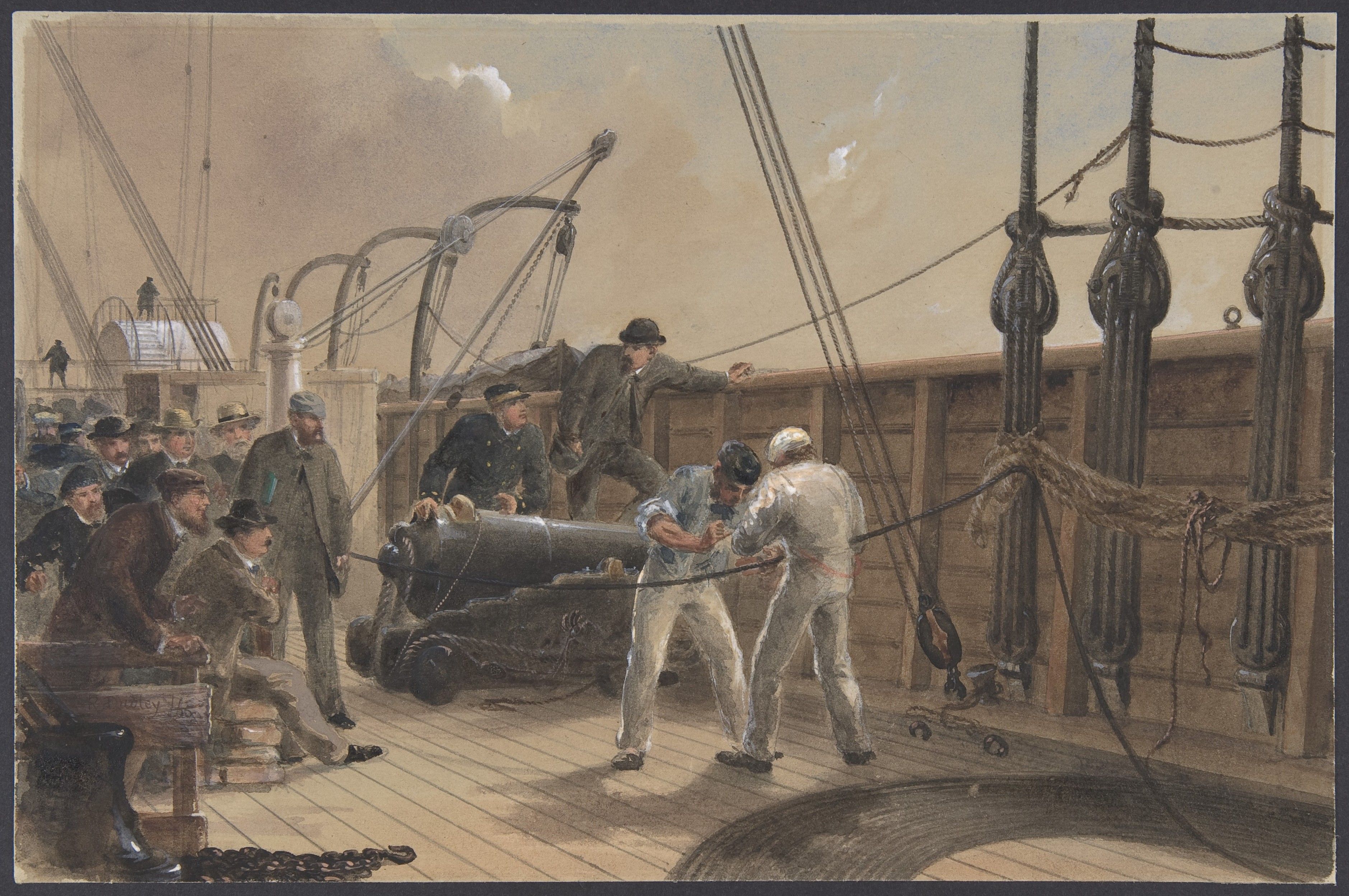 Workmen joining a cable on Great Eastern's deck while other men observe beside machinery