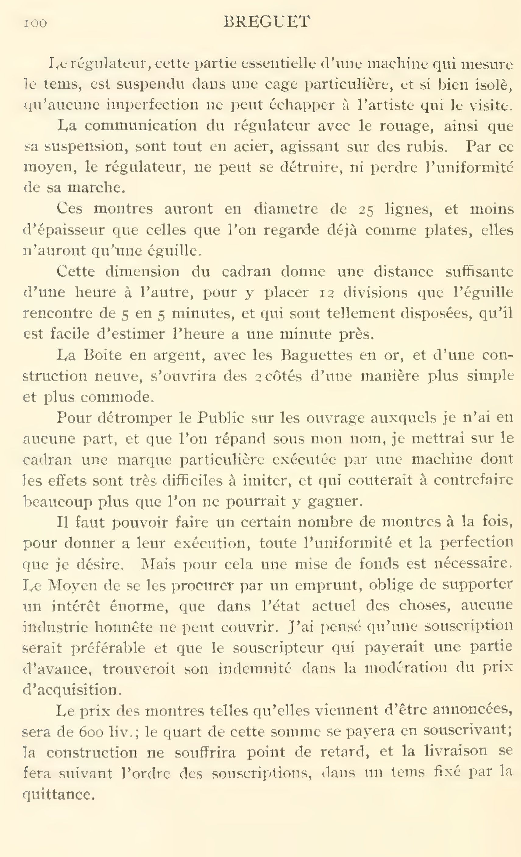 The second page of Breguet’s subscription prospectus as reprinted in 1921, ending with the price of 600 livres and a quarter payable on subscription