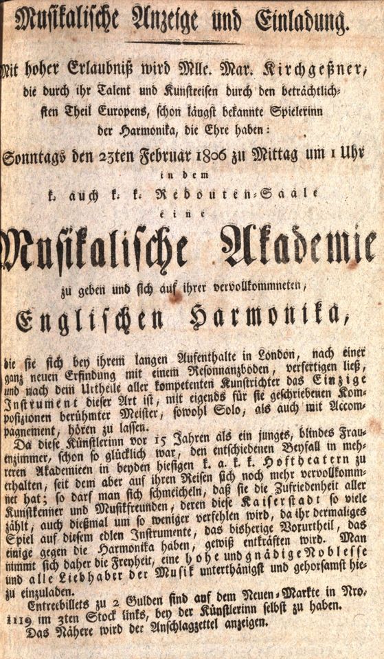 Kirchgässner’s printed invitation to a concert on 23 February 1806