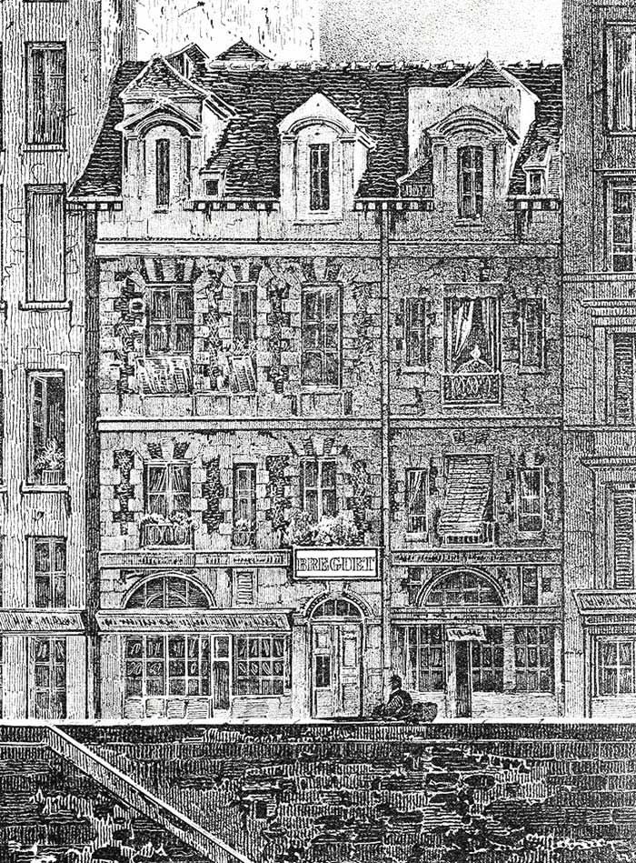 Engraving of the tall riverside house with BREGUET above its entrance on the Quai de l’Horloge