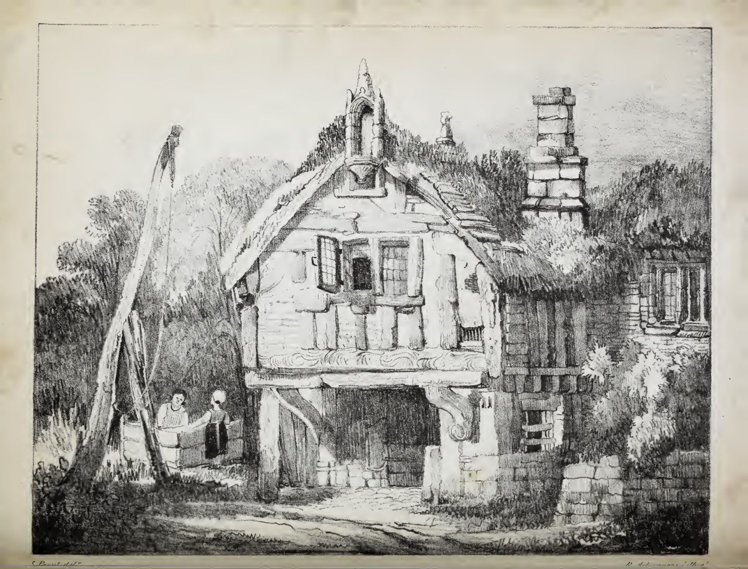 A chalk lithograph of an old thatched cottage with two figures beside a washing tub