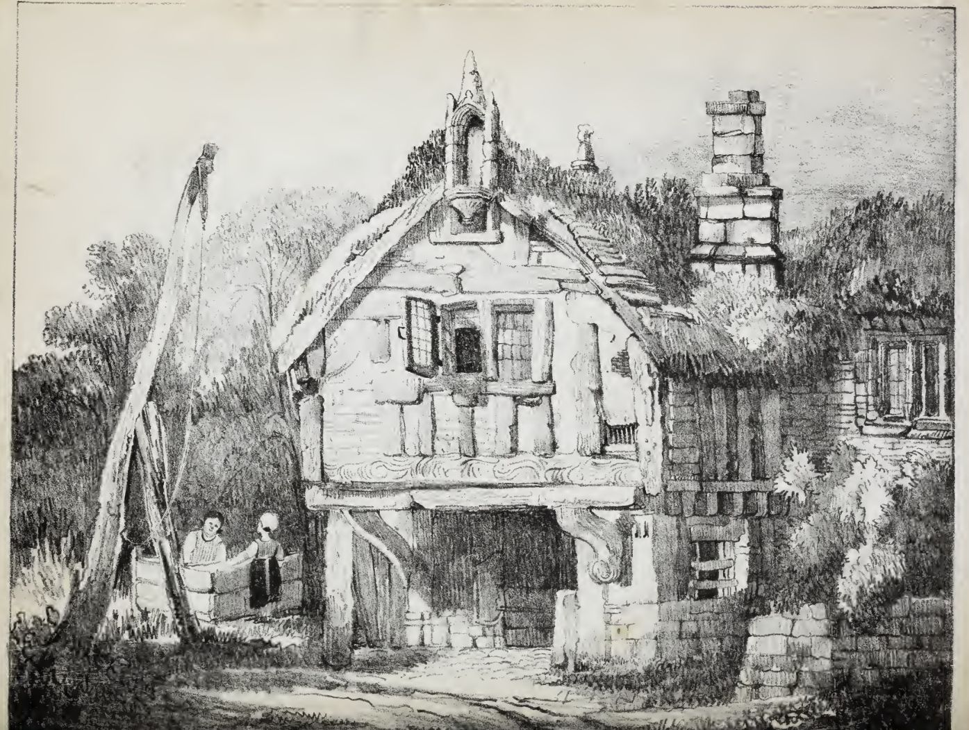 A chalk lithograph of an old thatched cottage with two figures beside a washing tub