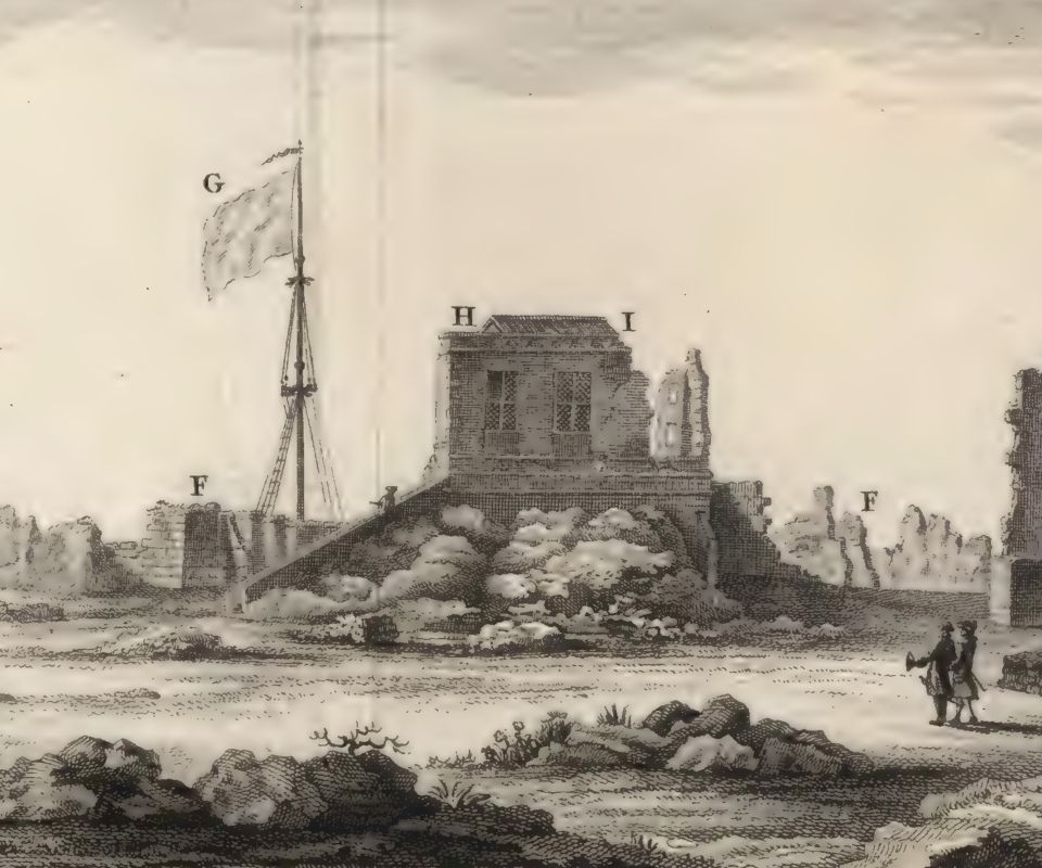 Le Gentil’s small observatory on a raised brick vault beside a flagstaff at Pondicherry