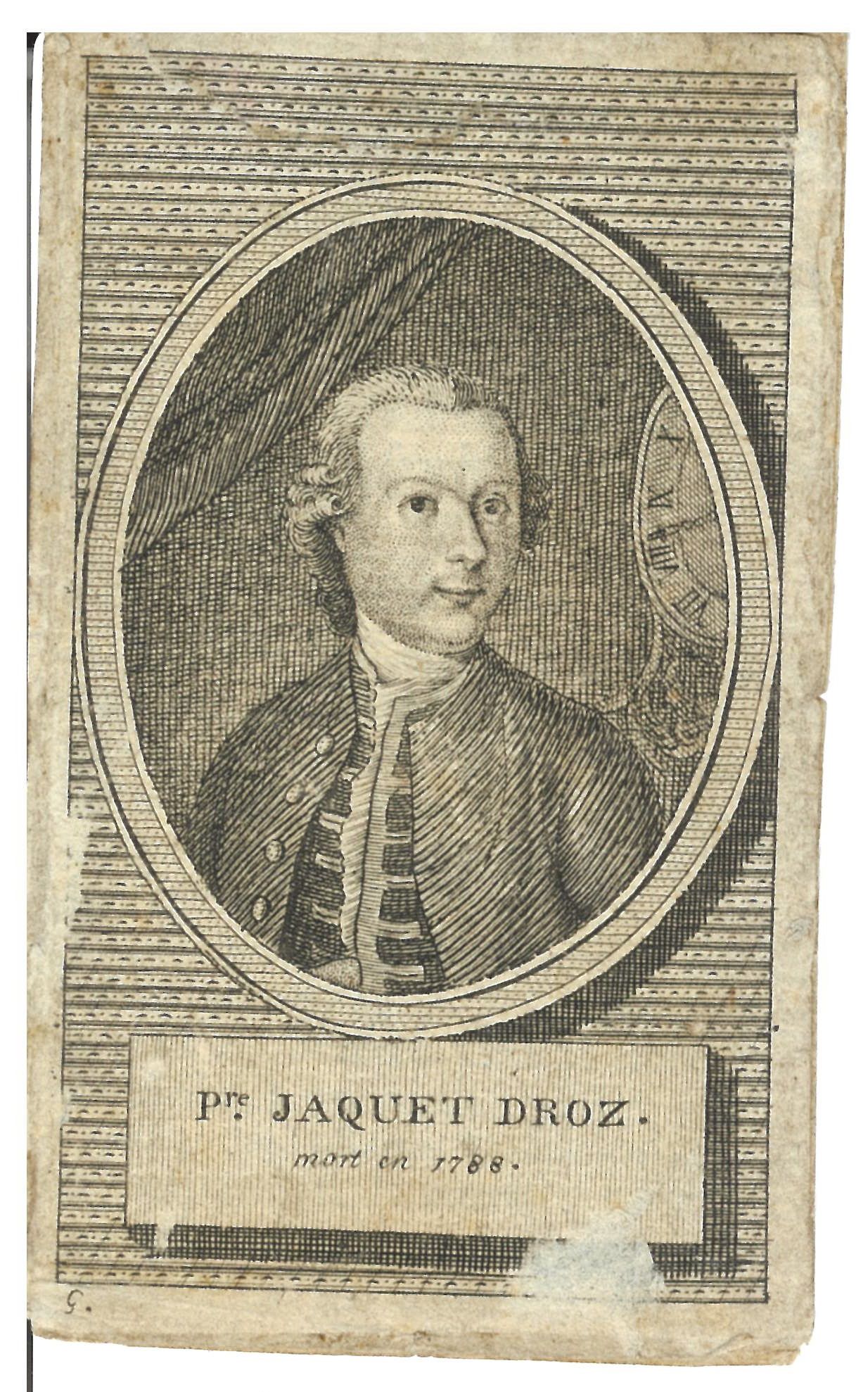 An engraved portrait of Pierre Jaquet-Droz in a coat and cravat.