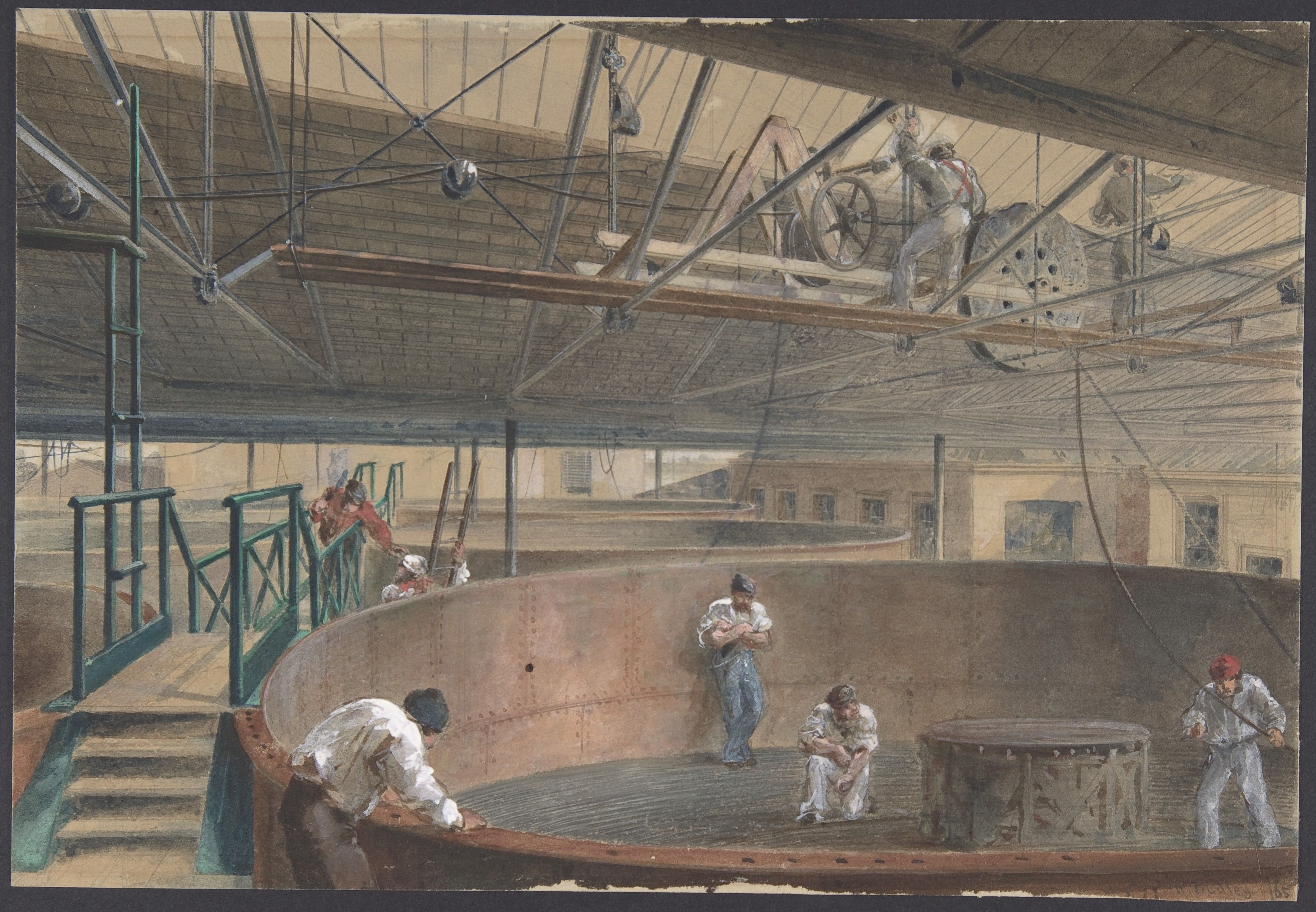 Men handling and coiling cable inside a large circular iron tank beneath a factory roof