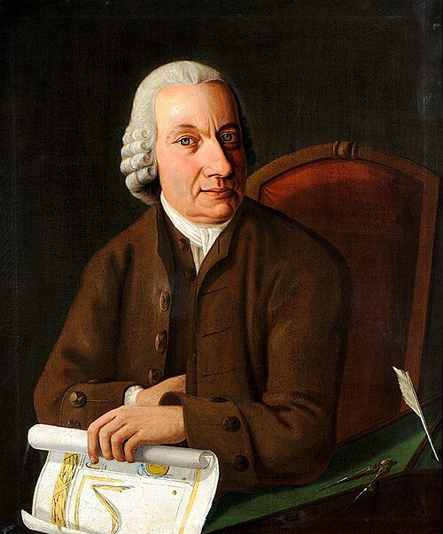 Abraham Roentgen seated beside drawing instruments, holding a sheet of furniture designs.