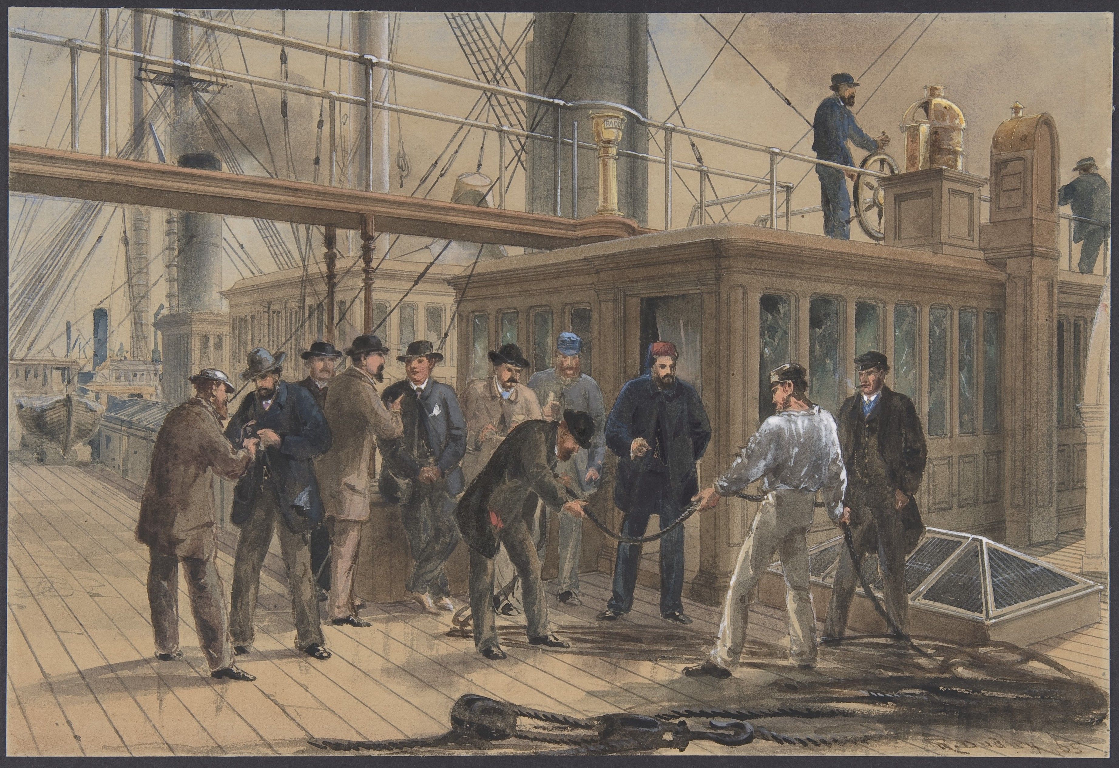 Men examining a length of cable on Great Eastern's deck beside the ship's cabins and rigging